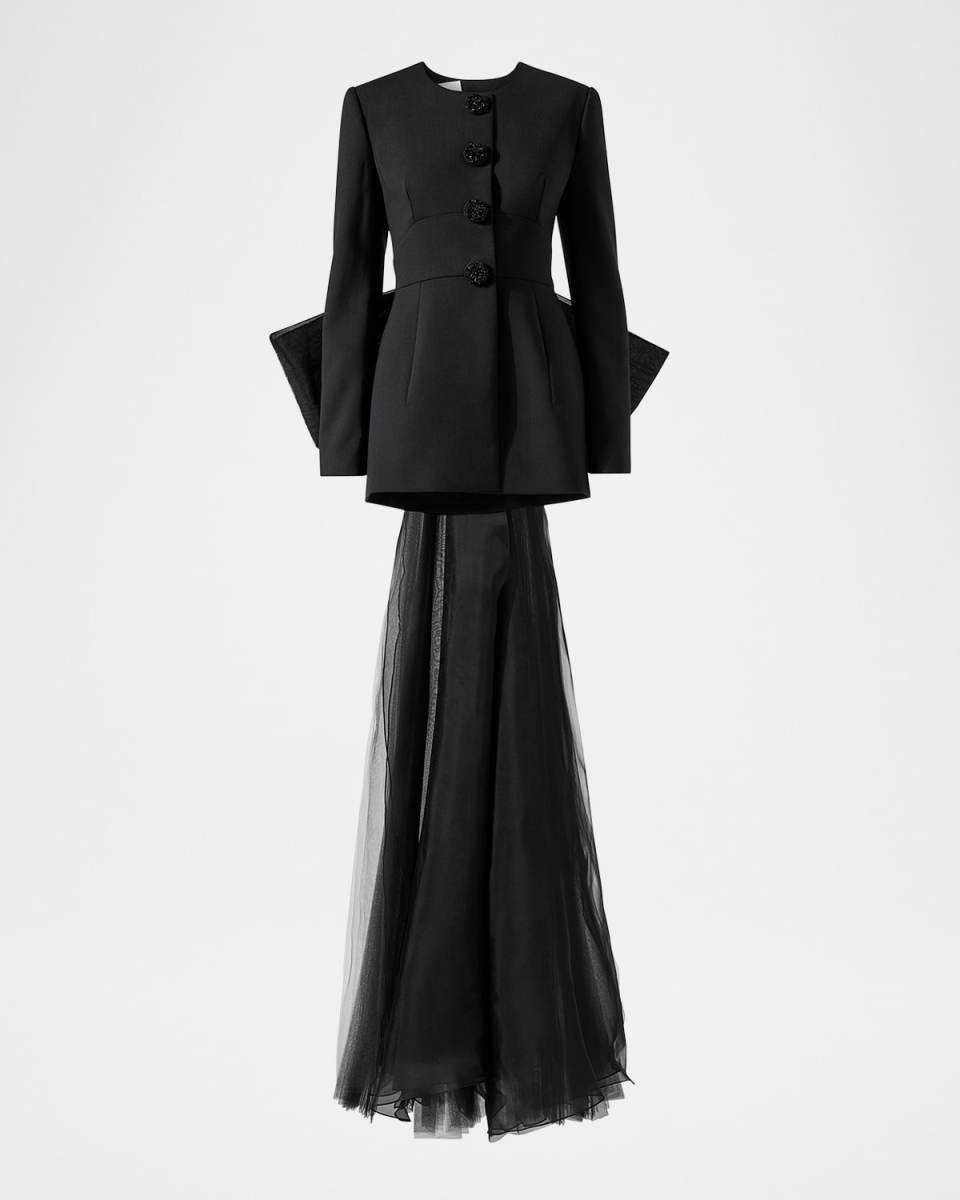 Open-Back Collarless Jacket With Removable Bow